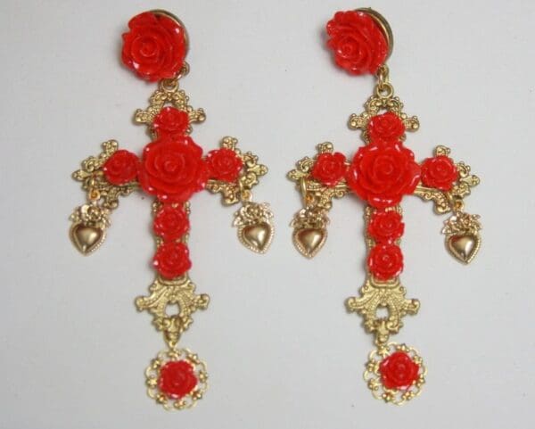 SOLD! 2597 Total Baroque Red Rose Coin Cross Studs Earrings - Image 3