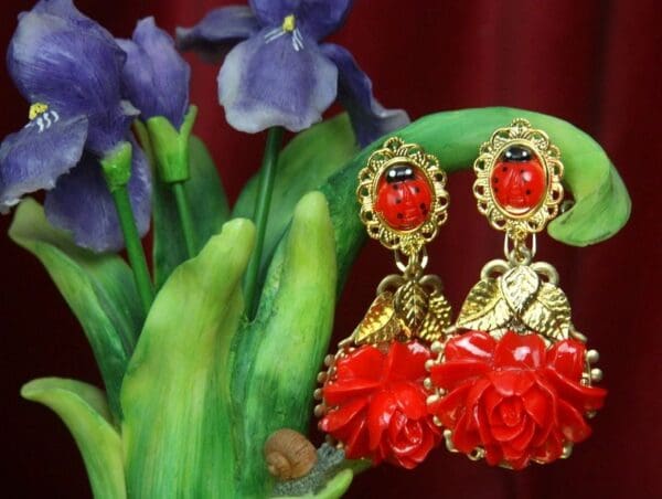 SOLD! 2598 Baroque Red Peony Ladybug Gold LEaf Studs Earrings - Image 2