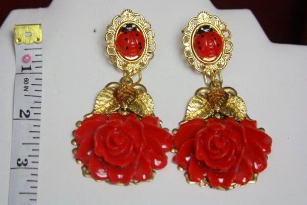 SOLD! 2598 Baroque Red Peony Ladybug Gold LEaf Studs Earrings - Image 3