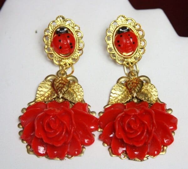 SOLD! 2598 Baroque Red Peony Ladybug Gold LEaf Studs Earrings - Image 4