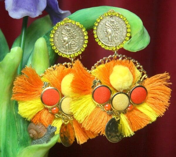 SOLD! 2604Baroque Roman Coin Orange Yellow Tassel Pom Pom Earrings