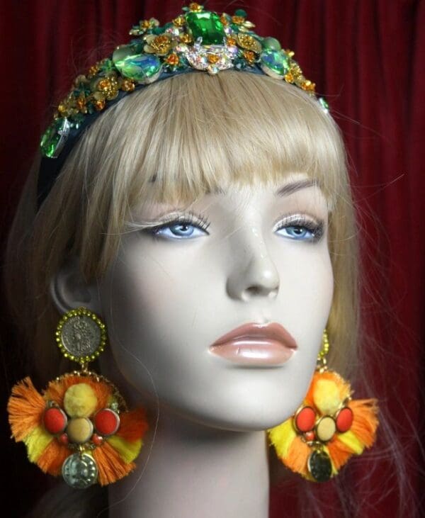 SOLD! 2604Baroque Roman Coin Orange Yellow Tassel Pom Pom Earrings - Image 3