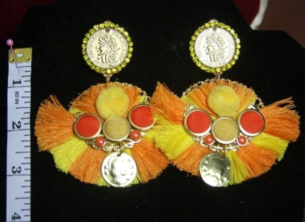 SOLD! 2604Baroque Roman Coin Orange Yellow Tassel Pom Pom Earrings - Image 5