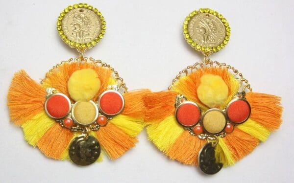 SOLD! 2604Baroque Roman Coin Orange Yellow Tassel Pom Pom Earrings - Image 6