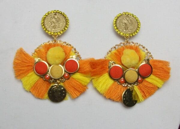 SOLD! 2604Baroque Roman Coin Orange Yellow Tassel Pom Pom Earrings - Image 7