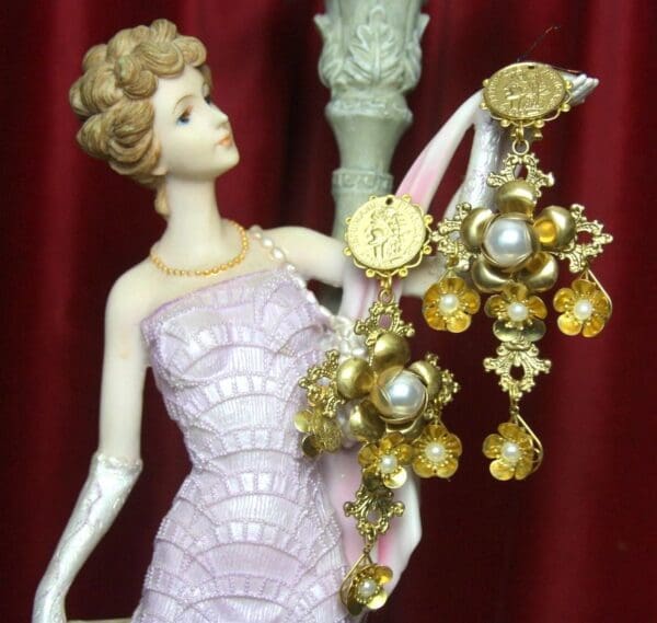 SOLD! 2610 Roman Coin Gold Flower Pearl Massive Cross Earrings