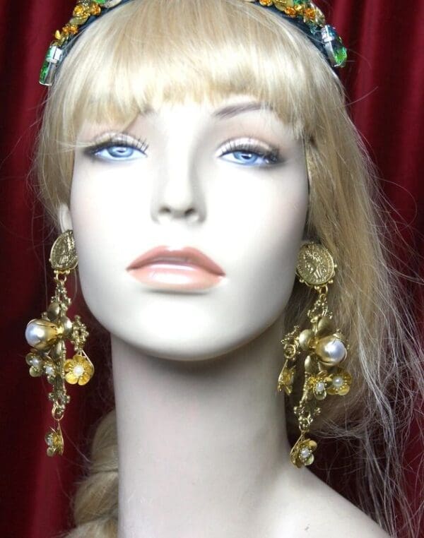 SOLD! 2610 Roman Coin Gold Flower Pearl Massive Cross Earrings - Image 4