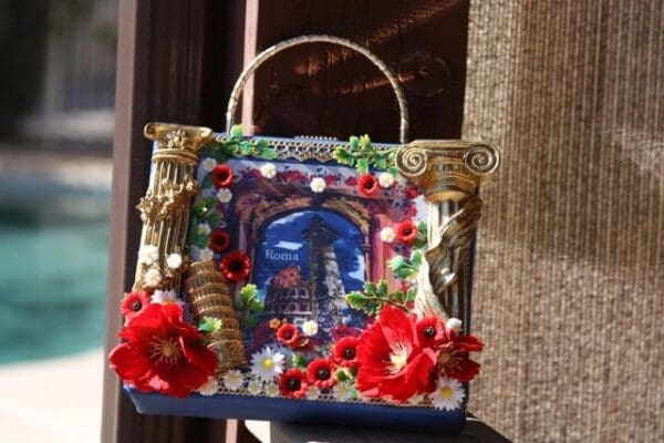 SOLD! 2126 Italian Print Rome column Poppy Embellished Handbag - Image 3