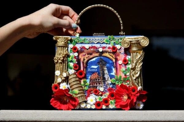 SOLD! 2126 Italian Print Rome column Poppy Embellished Handbag - Image 4