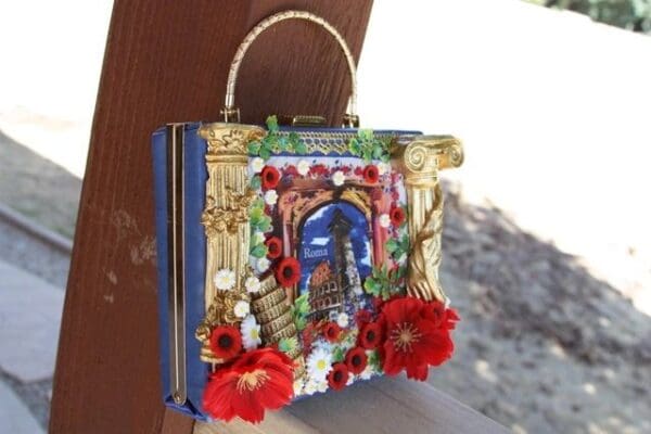 SOLD! 2126 Italian Print Rome column Poppy Embellished Handbag - Image 6