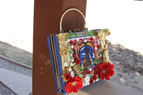 SOLD! 2126 Italian Print Rome column Poppy Embellished Handbag - Image 7