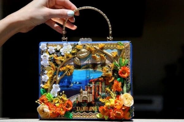 SOLD! 1652 Italian Print Flower Embellished Stunning Handbag Purse - Image 8