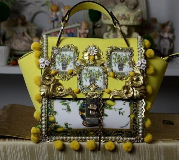 SOLD! 1665 Lemon Print Embellished Yellow Pom Pom Handbag