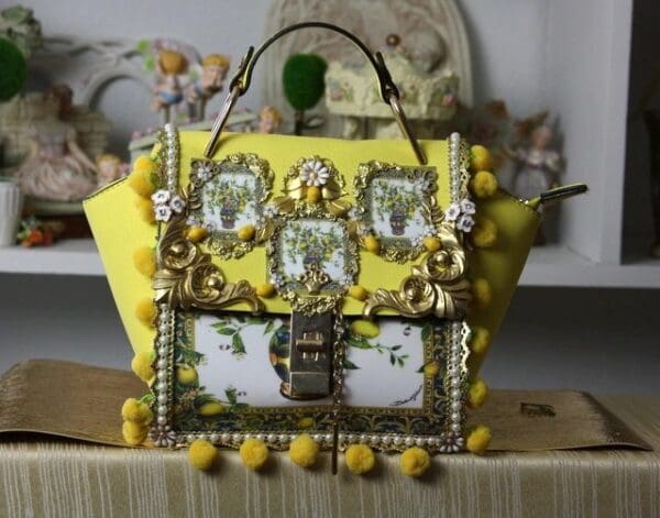 SOLD! 1665 Lemon Print Embellished Yellow Pom Pom Handbag - Image 3