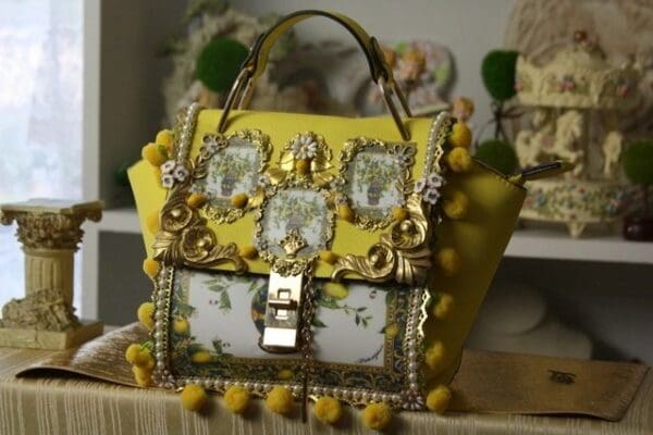 SOLD! 1665 Lemon Print Embellished Yellow Pom Pom Handbag - Image 5