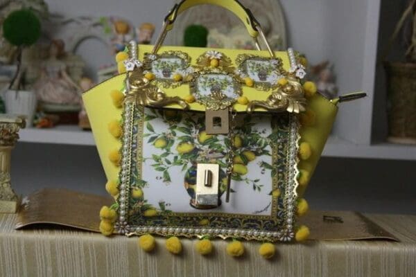 SOLD! 1665 Lemon Print Embellished Yellow Pom Pom Handbag - Image 6