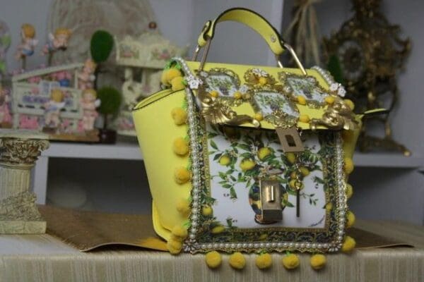 SOLD! 1665 Lemon Print Embellished Yellow Pom Pom Handbag - Image 7