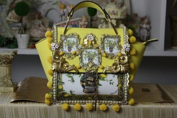 SOLD! 1665 Lemon Print Embellished Yellow Pom Pom Handbag - Image 8