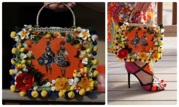 SOLD! 1506 Knights Print Bright Orange Embellished Flower Handbag - Image 2