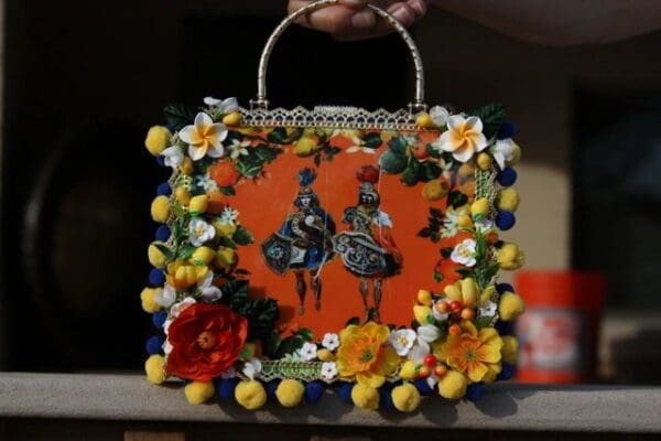 SOLD! 1506 Knights Print Bright Orange Embellished Flower Handbag - Image 3