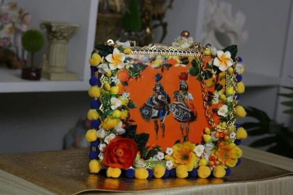SOLD! 1506 Knights Print Bright Orange Embellished Flower Handbag - Image 4