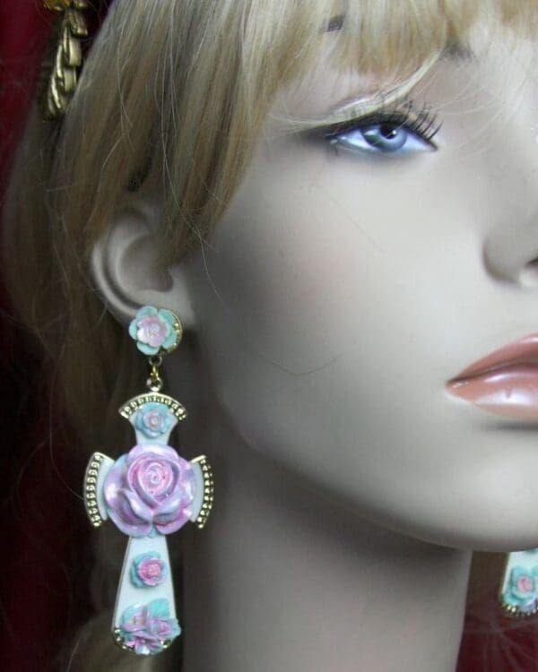 SOLD! 2615 Baroque Hand Painted Flower White Enamel Cross Earrings - Image 2