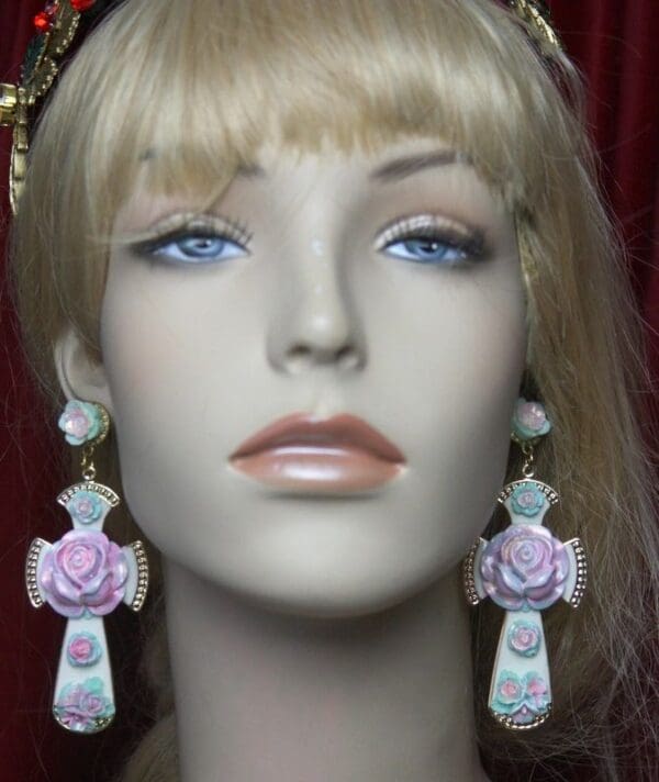 SOLD! 2615 Baroque Hand Painted Flower White Enamel Cross Earrings - Image 4