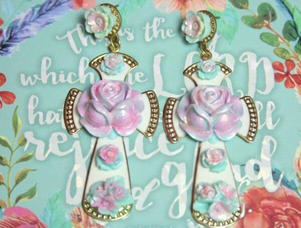 SOLD! 2615 Baroque Hand Painted Flower White Enamel Cross Earrings - Image 9