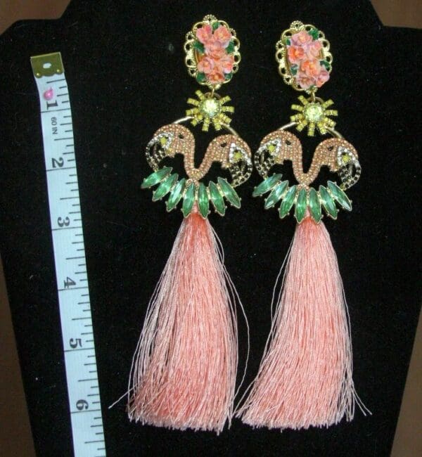 SOLD! 2616 Pink Crystal Flamingo Flower Tassel Huge Earrings - Image 5