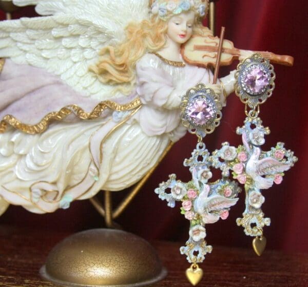 SOLD! 2619 Vintage Style Hand Painted dove Cross Heart earrings