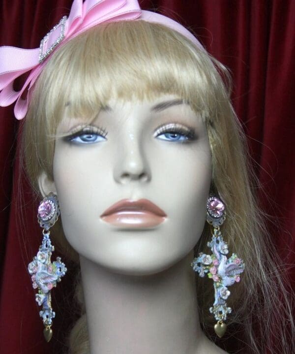 SOLD! 2619 Vintage Style Hand Painted dove Cross Heart earrings - Image 3