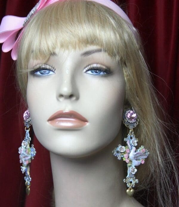 SOLD! 2619 Vintage Style Hand Painted dove Cross Heart earrings - Image 4