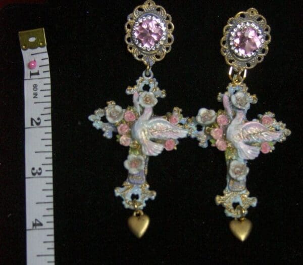 SOLD! 2619 Vintage Style Hand Painted dove Cross Heart earrings - Image 5