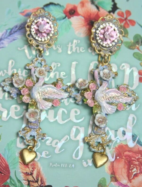 SOLD! 2619 Vintage Style Hand Painted dove Cross Heart earrings - Image 6