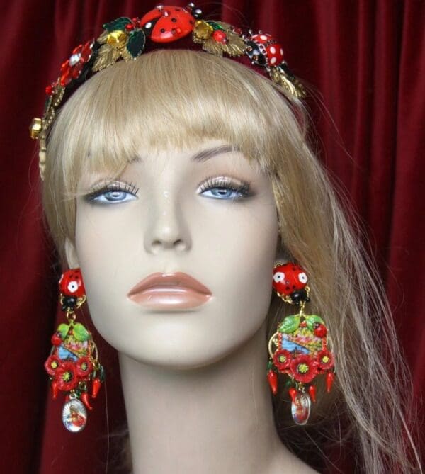 SOLD!2631 Poppy Sicilian Print Taormina Ladybug Studs Earrings - Image 3