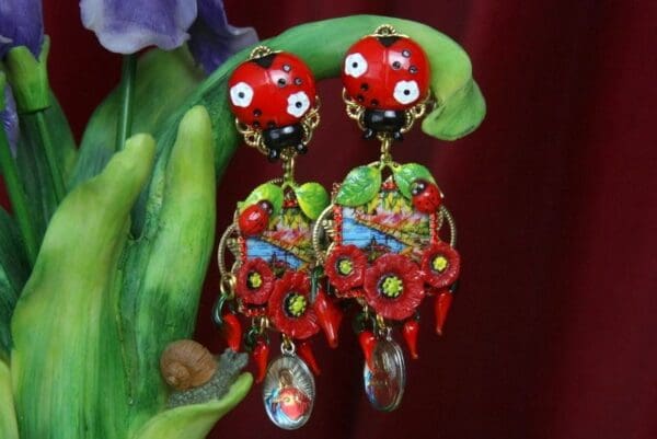 SOLD!2631 Poppy Sicilian Print Taormina Ladybug Studs Earrings - Image 5