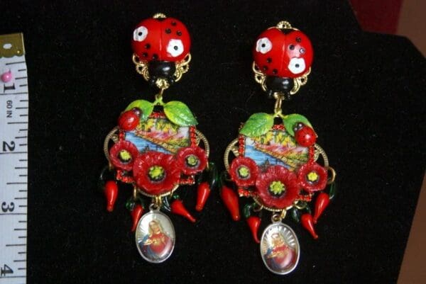 SOLD!2631 Poppy Sicilian Print Taormina Ladybug Studs Earrings - Image 6