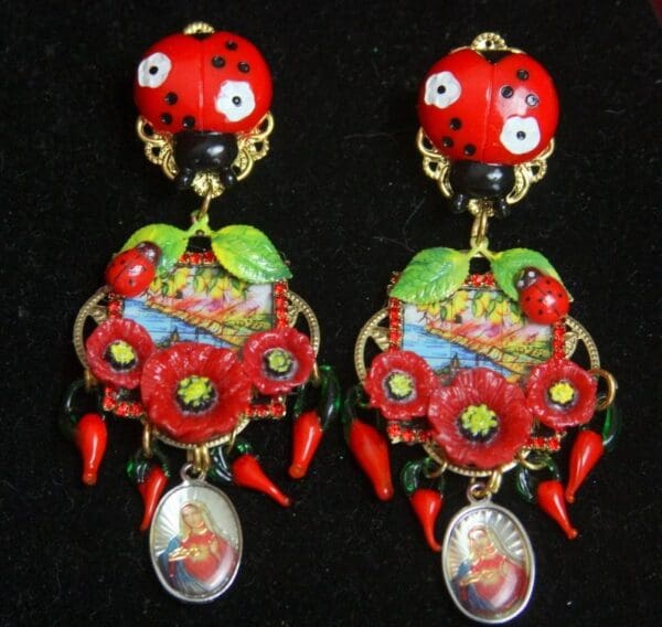 SOLD!2631 Poppy Sicilian Print Taormina Ladybug Studs Earrings - Image 7