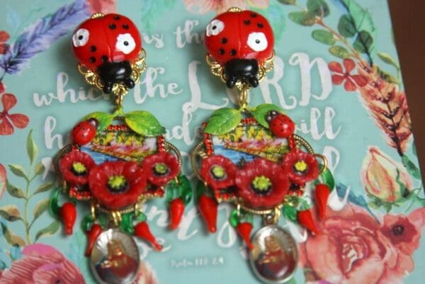 SOLD!2631 Poppy Sicilian Print Taormina Ladybug Studs Earrings - Image 8