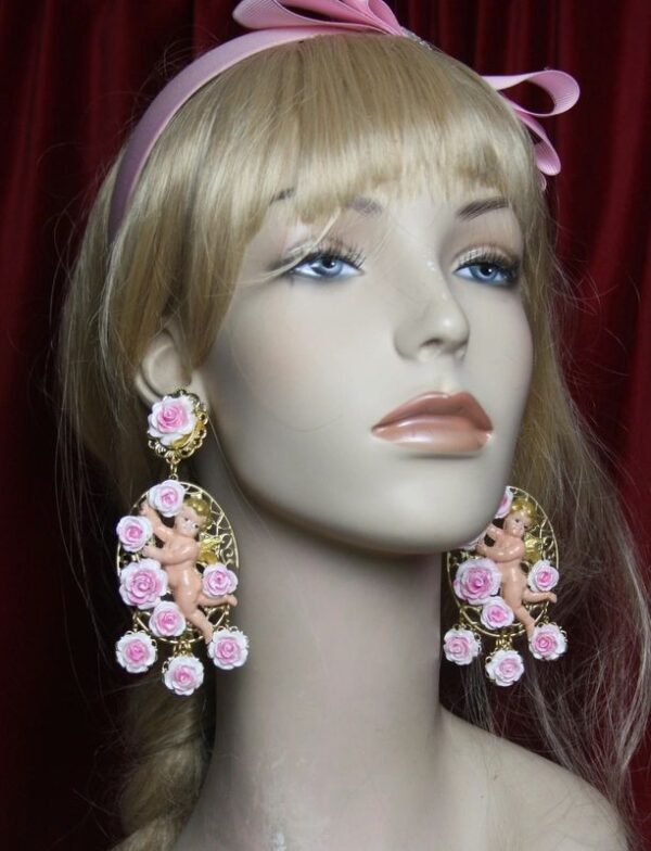 SOLD! 2643 Rococo Hand Painted Dangled Flowers CherubStuds Earrings - Image 3