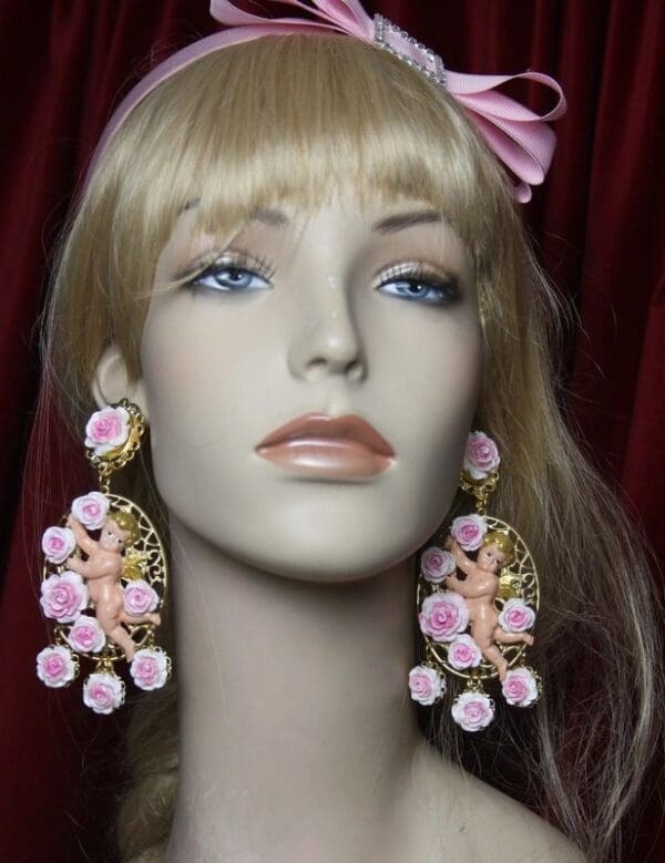 SOLD! 2643 Rococo Hand Painted Dangled Flowers CherubStuds Earrings - Image 4