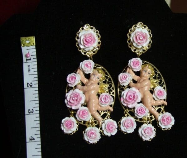 SOLD! 2643 Rococo Hand Painted Dangled Flowers CherubStuds Earrings - Image 6