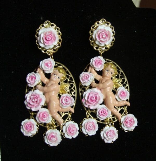 SOLD! 2643 Rococo Hand Painted Dangled Flowers CherubStuds Earrings - Image 7