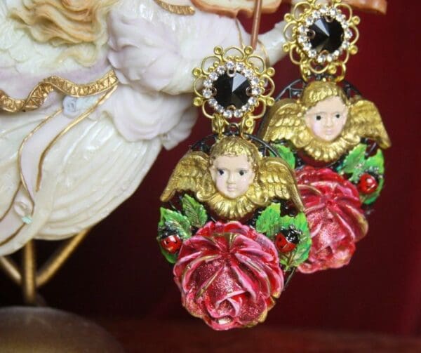 SOLD! 2646 Rococo Hand Painted Glitter Rose Ladybug Studs Earrings