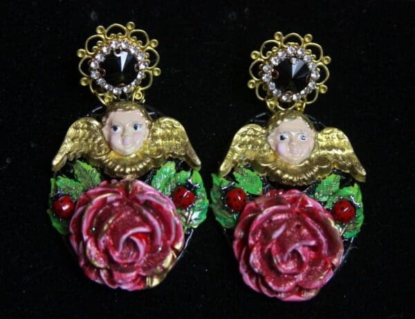 SOLD! 2646 Rococo Hand Painted Glitter Rose Ladybug Studs Earrings - Image 7