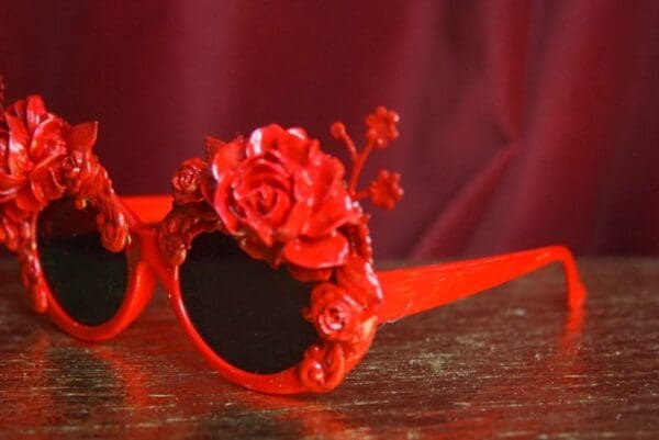 SOLD! 2647 Baroque Rococo Red Enamel Embellished Flower Sunglasses - Image 8