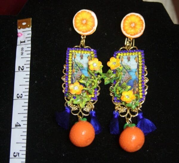 SOLD! 2654 Sicilian Tile Taormina Print Orange Fruit Tassel Studs Earrings - Image 7