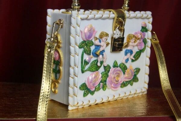 SOLD! 2660 Baroque Cherub Hand Painted Rose Trunk Handbag - Image 3