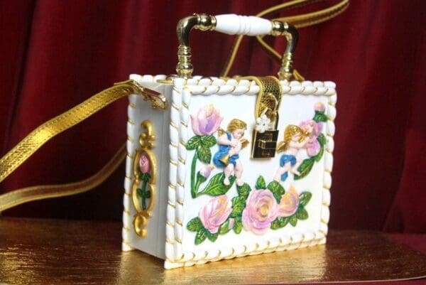 SOLD! 2660 Baroque Cherub Hand Painted Rose Trunk Handbag - Image 5