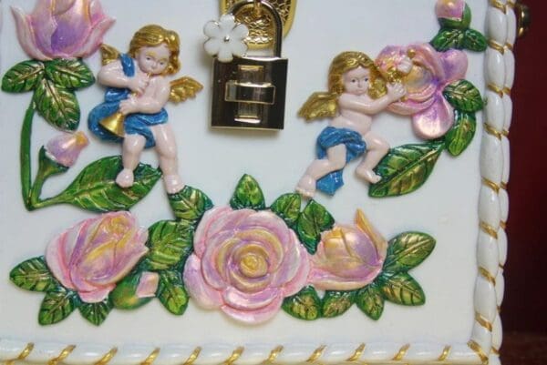 SOLD! 2660 Baroque Cherub Hand Painted Rose Trunk Handbag - Image 7